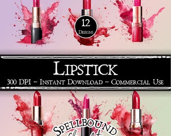 Op de afbeelding: Twaalf digitale illustraties van rode lippenstiftbuisjes met rode verfspatten. De tekst "SPELLBOUND Clip Art" staat in het midden van de afbeelding.