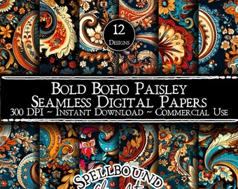 Papeles digitales sin costuras Boho Paisley, uso comercial, descarga instantánea, Paisley audaz, patrón Paisley sin costuras, Paisley brillante