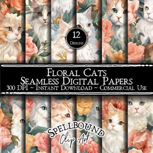Floral Cats Seamless Digital Papers, Commercial Use, Instant Download, Flower Clipart, Cat Clipart, Cats and Flowers, Seamless Pattern