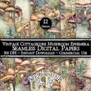 Vintage Cottagecore Mushroom Ephemera Documenti digitali senza soluzione di continuità, Uso commerciale, Download istantaneo, Clipart di funghi, Ephemera digitale