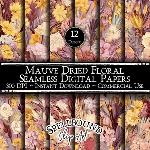 Papéis digitais florais secos malva sem costura, uso comercial, download instantâneo, clipart de flores, flores secas, flores em conserva