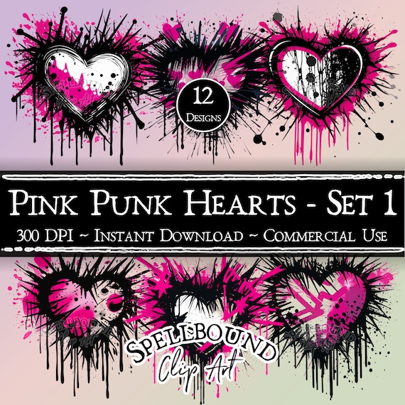 Pink Punk Hearts Digital Clipart, Commercial Use, Instant Download