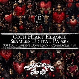 Goth Heart Filagree Seamless Digital Papers, Commercial Use, Instant Download, Heart Clipart, Valentine's Day, Gothic Clipart