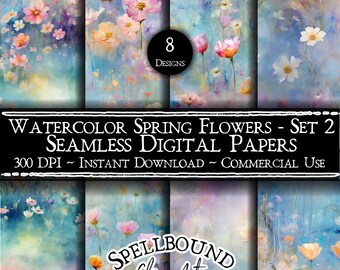 Watercolor Spring Floral Seamless Digital Papers, Commercial Use, Instant Download, Watercolor Flowers, Flower Background, Distressed Floral
