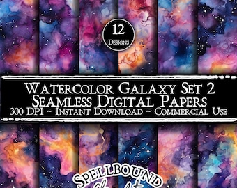 May include: Twelve watercolor galaxy digital papers with a seamless pattern. The papers feature a dark blue background with swirling pink, purple, and orange clouds. The text "WATERCOLOR GALAXY SET 2" and "SEAMLESS DIGITAL PAPERS" is displayed in a black banner.