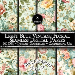 Light Blue Vintage Floral Seamless Digital Papers, Commercial Use, Instant Download, Victorian, Vintage Wallpaper, Rococo Floral