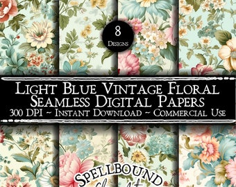 Papeles digitales sin costuras florales vintage azul claro, uso comercial, descarga instantánea, victoriano, fondo de pantalla vintage, floral rococó