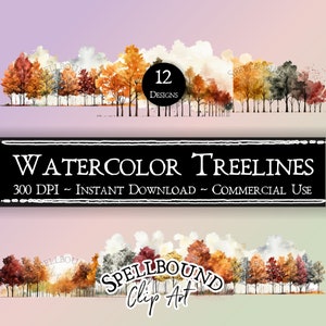 Watercolor Treelines Digital Clipart, Commercial Use, Instant Download, Nature Clip Art, PNG, Tree Clipart, Forest Clipart, Fall Trees