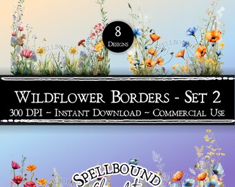 Wildflower Border Overlays Digital Clipart, Commercial Use, Instant Download, Flower Clipart, Nature Clip Art, PNG