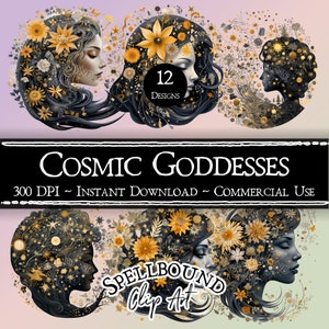 Cosmic Goddess Digital Clipart, Commercial Use, Instant Download, Blue and Yellow Goddesses Clip Art, Celestial Clipart PNG