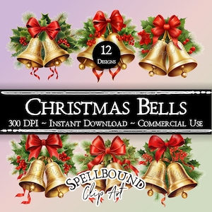 Christmas Bells Digital Clipart, Commercial Use, Instant Download, Winter Clip Art, Bell Clipart, Christmas Clipart, PNG, Holiday Clipart
