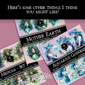 May include: A collection of digital clip art featuring watercolour illustrations of mythical creatures and nature scenes. The illustrations include a Medusa, a Mother Earth, an Aquarius Goddess, and a Spellbound Clip Art logo. The images are 300 DPI and are available for instant download for commercial use.