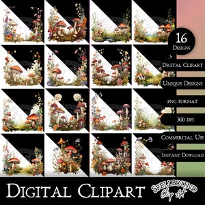 Puede incluir: Un conjunto de 16 im&aacute;genes de clipart de esquina digital que presentan hongos, flores y hojas en un estilo caprichoso. Las im&aacute;genes est&aacute;n en formato PNG y tienen 300 DPI. Son perfectas para agregar un toque de naturaleza a tus proyectos digitales.