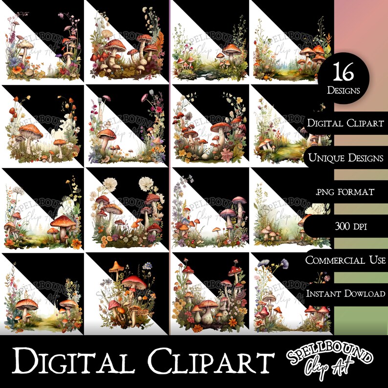Puede incluir: Un conjunto de 16 im&aacute;genes de clipart de esquina digital que presentan hongos, flores y hojas en un estilo caprichoso. Las im&aacute;genes est&aacute;n en formato PNG y tienen 300 DPI. Son perfectas para agregar un toque de naturaleza a tus proyectos digitales.