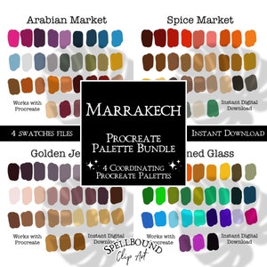 Könnte beinhalten: Ein digitales Kunstpaket mit vier Procreate-Farbpaletten: Arabian Market, Spice Market, Golden Jewel und Stained Glass. Jede Palette enthält 30 Farbfelder. Der Text "Marrakech Procreate Palette Bundle" ist enthalten.