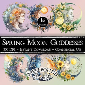 Spring Moon Goddess Digital Clipart, Commercial Use, Instant Download, Floral Goddesses Clip Art, Celestial Clipart, Mystical Clipart, PNG
