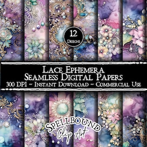 Lace Ephemera Seamless Digital Papers, Commercial Use, Instant Download, Rhinestone Clipart, Digital Ephemera, Vintage Clipart