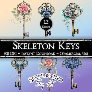 Skeleton Keys Digital Clipart, Uso comercial, Descarga instantánea, PNG, Vintage Clipart, Ephemera digital, Clipart místico