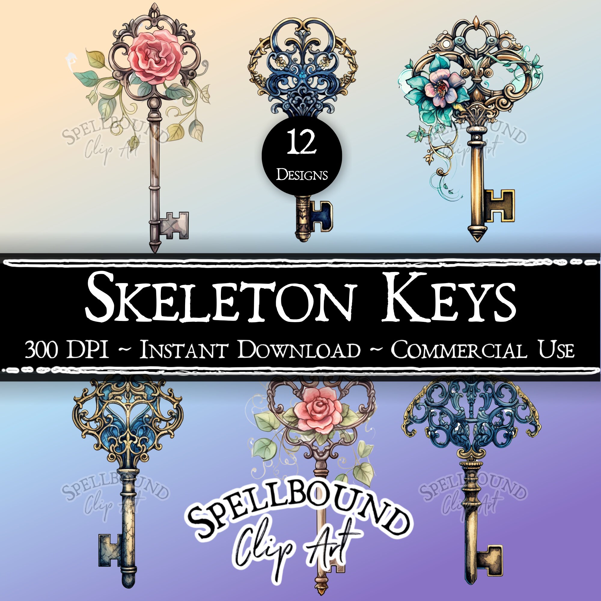 Skeleton Keys Digital Clipart, Commercial Use, Instant Download, PNG, Vintage Clipart, Digital Ephemera, Mystical Clipart