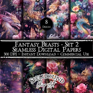 Papeles digitales sin costuras de bestias de fantasía, Uso comercial, Descarga instantánea, Imágenes prediseñadas de dragón, Imágenes prediseñadas de fantasía, Criaturas míticas, Arte de cuento de hadas