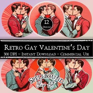 Retro Gay digitale clipart, commercieel gebruik, Instant Download, Gay illustraties, PNG, LGBTQ clipart, Valentijnsdag clipart, mannen zoenen