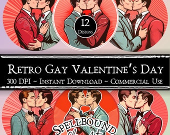 Retro Gay Digital Clipart, Commercial Use, Instant Download, Gay Clip Art, PNG, LGBTQ Clipart, Valentine's Day Clipart, Men Kissing