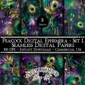 Peacock Digital Ephemera Seamless Digital Papers, Commercial Use, Instant Download, Vintage Clipart, Peacock Feather, Junk Journal
