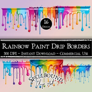 Bordas de gotejamento de tinta arco-íris clipart digital, uso comercial, download instantâneo, clipart de pintura, PNG, clipart artesanal, borda de página, aula de arte