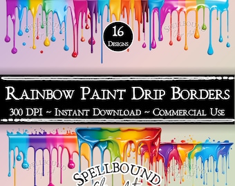 Rainbow Paint Drip Borders Imágenes prediseñadas digitales, uso comercial, descarga instantánea, imágenes prediseñadas de pintura, PNG, imágenes prediseñadas artesanales, borde de página, clase de arte
