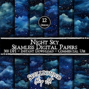 Papeles digitales sin costuras de cielo nocturno, uso comercial, descarga instantánea, cielo con estrellas, nubes en el cielo, estrellas en la noche, imágenes prediseñadas de la naturaleza