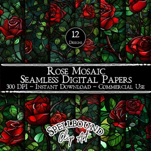 Rose Mosaic Seamless Digital Papers, Commercial Use, Instant Download, Stained Glass Clipart, Rose Clipart