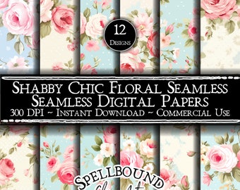 Shabby Chic Floral Seamless Digital Papers, Commercial Use, Instant Download, Flower Clipart, Vintage Floral Wallpaper, Farmhouse Decor