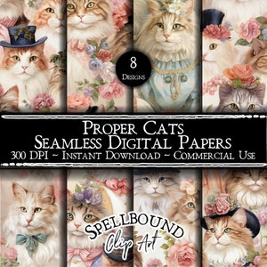 Papiers numériques sans couture pour chats, usage commercial, téléchargement immédiat, clipart fleur, clipart chat, chats rigolos, chats victoriens, chat sans couture