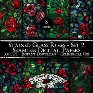 Stained Glass Roses Seamless Digital Papers, Commercial Use, Instant Download, Mosaic Clipart, Rose Clipart