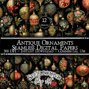 Puede incluir: Doce diseños de papel digital con adornos navideños antiguos con detalles en dorado, rojo y verde sobre un fondo negro. El texto "Antique Ornaments Seamless Digital Papers 300 DPI Instant Download Commercial Use" está en la parte superior de la imagen. El texto "SPELLBOUND Clip Art" está en la parte inferior de la imagen.