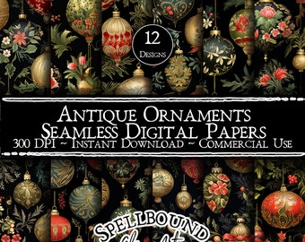 Antique Ornaments Digital Papers, Commercial Use, Instant Download, Vintage Christmas Clipart, Rococo, Christmas Ornaments