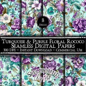 Papiers numériques sans couture floral rococo turquoise et violet, usage commercial, téléchargement immédiat, clipart vintage, victorien, floral rococo, bleu sarcelle