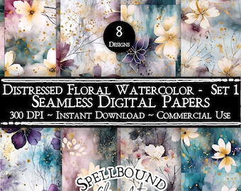 Distressed Watercolor Floral Seamless Digital Papers, Commercial Use, Instant Download, Abstract Flower Clipart, Watercolor Flowers