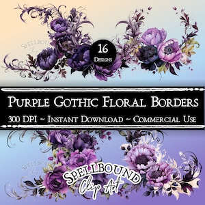 Purple Gothic Flower Borders Digital Clipart, Commercial Use, Instant Download, Goth Flower Clip Art, PNG
