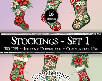 Stockings Digital Clipart, Commercial Use, Instant Download, Winter Clip Art, Stocking Clipart, Christmas Clipart, PNG, Christmas Stockings