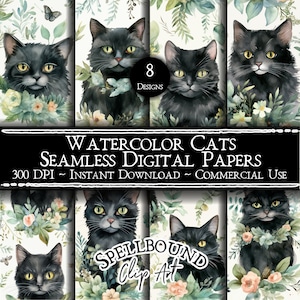 Watercolor Cats Seamless Digital Papers, Commercial Use, Instant Download, Flower Clipart, Cat Clipart, Black Cats, Seamless Pattern