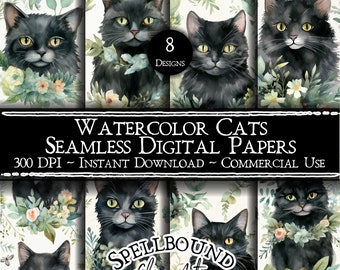 Watercolor Cats Seamless Digital Papers, Commercial Use, Instant Download, Flower Clipart, Cat Clipart, Black Cats, Seamless Pattern