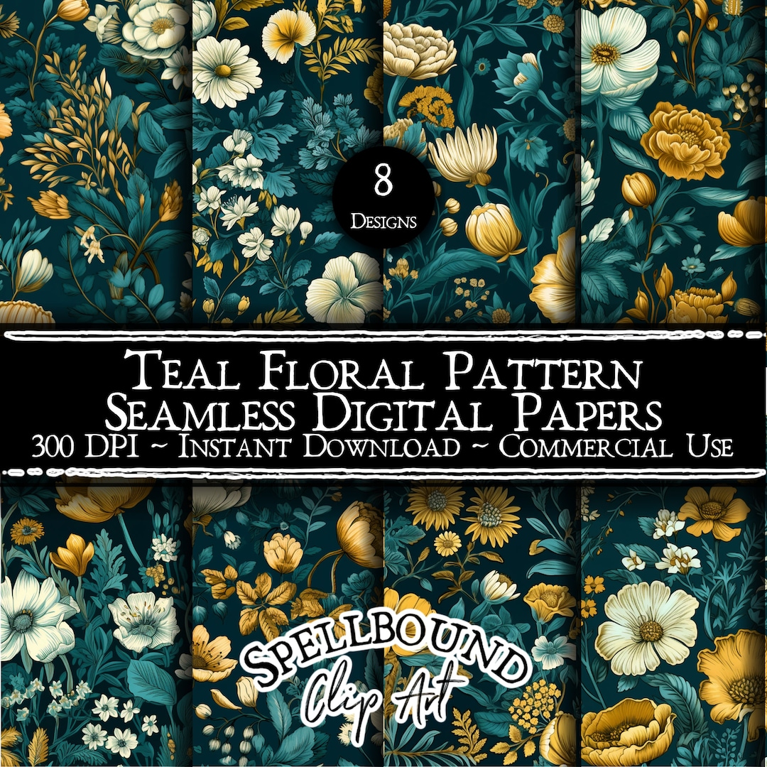 Teal Floral Pattern Seamless Digital Papers, Commercial Use, Instant ...