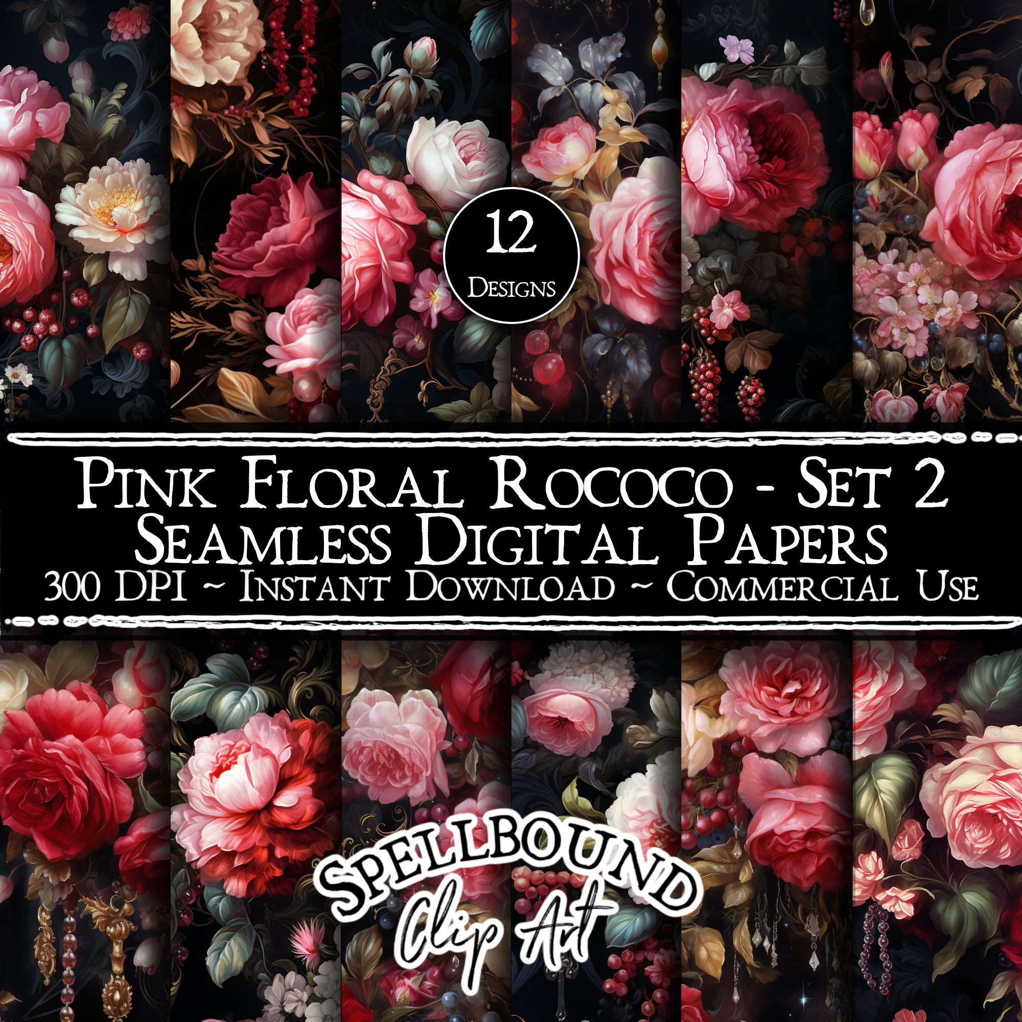 Pink Floral Rococo Seamless Digital Papers, Commercial Use, Instant ...