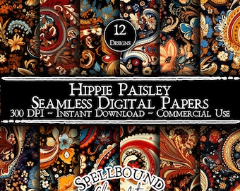 Boho Hippie Paisley Papeles digitales sin costuras, Uso comercial, Descarga instantánea, Paisley tono tierra, Patrón Paisley sin costuras, Paisley brillante