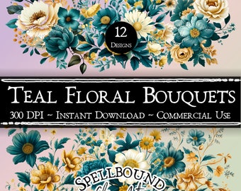 Teal bloemenboeketten digitale clipart, commercieel gebruik, instant download, bloem illustraties, png, turkooizen bloemen, digitale ephemera