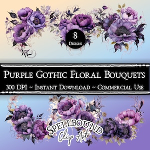 Purple Gothic Flower Bouquets Digital Clipart, Commercial Use, Instant Download, Goth Flower Clip Art, PNG