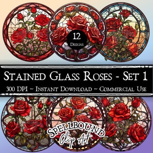 Stained Glass Roses Digital Clipart, Commercial Use, Instant Download, Floral Stained Glass Window, Red Rose Clip Art, Stained Glass Window