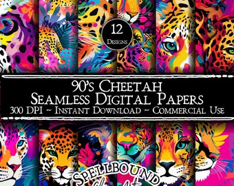 Neon 90's Cheetah Seamless Digital Papers, Commercial Use, Instant Download, Digital Clipart, Cheetah Print, Animal Print, Neon Cheetah