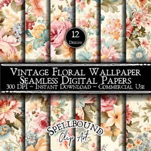 Vintage Floral Seamless Digital Papers, Commercial Use, Instant Download, Victorian Clipart, Vintage Wallpaper, Floral Clipart, Antique